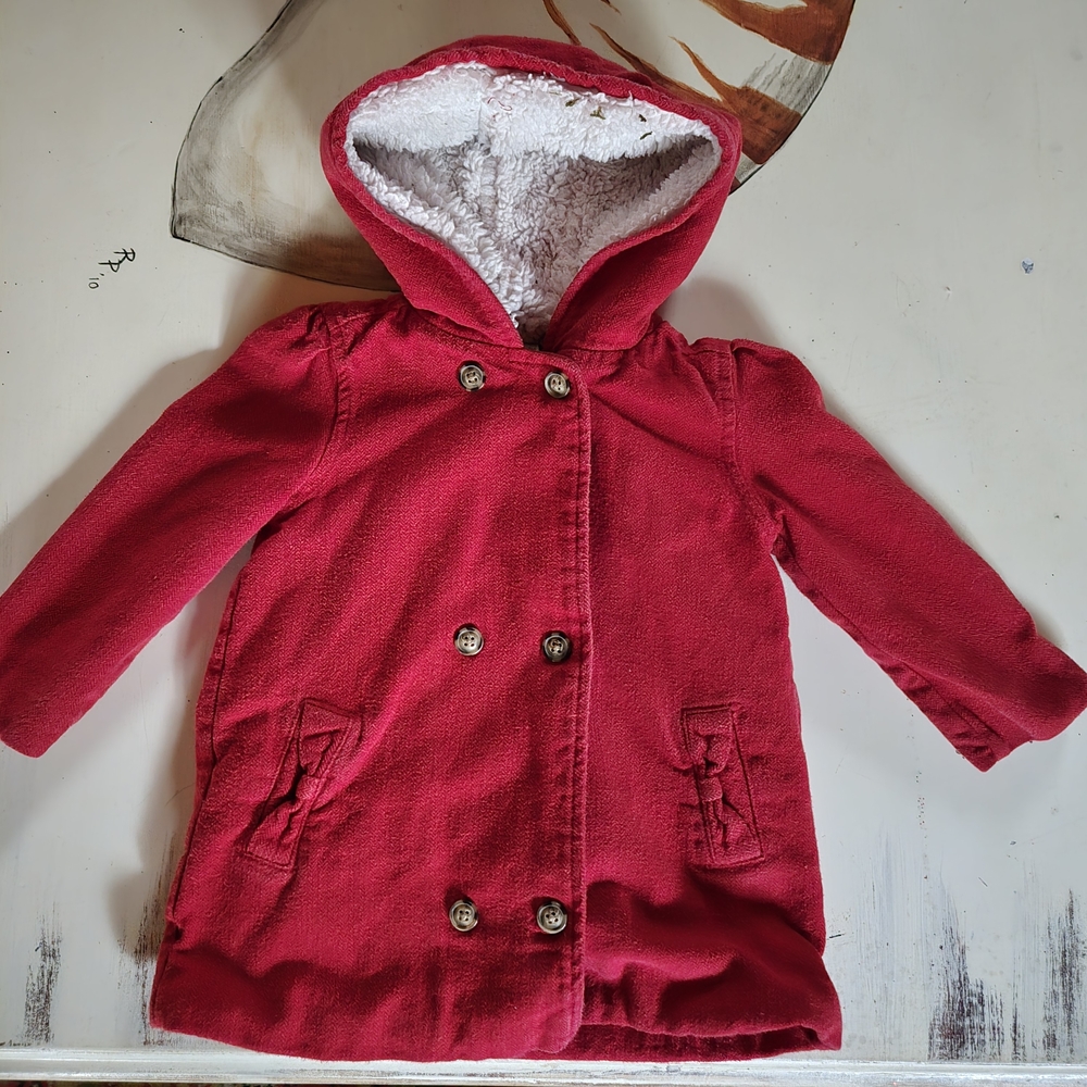 Carter's red double-breasted jacket with sherpa-lined hood with ears